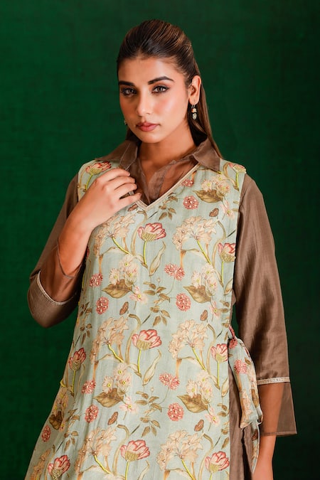 The Home Affair_Brown Muslin, Cotton Sequins, Beads, Cut Work Detailed Kurta Set With Jacket _at_Aza_Fashions