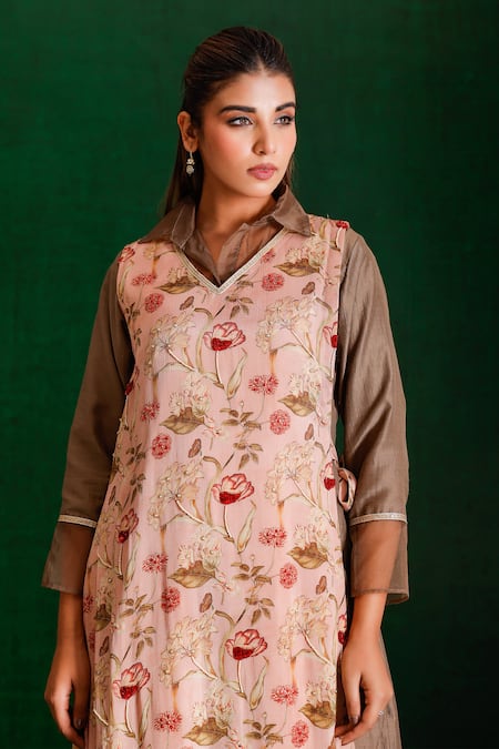 Buy_The Home Affair_Brown Muslin, Crepe Cut Work, Sequins, Hand Detailed Kurta Set With Jacket _Online_at_Aza_Fashions
