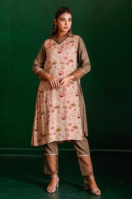 Shop_The Home Affair_Brown Muslin, Crepe Cut Work, Sequins, Hand Detailed Kurta Set With Jacket _Online_at_Aza_Fashions