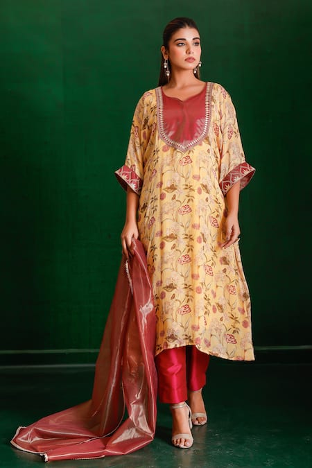 Buy The Home Affair Yellow Muslin, Cotton, Silk, Tissue Embroidery, Floral Print A-line Kurta Set Online at Aza Fashions Buy_The Home Affair_Yellow Muslin, Cotton, Silk, Tissue Embroidery, Floral Print A-line Kurta Set _Online_at_Aza_Fashions