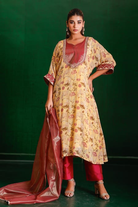 Shop The Home Affair Yellow Muslin, Cotton, Silk, Tissue Embroidery, Floral Print A-line Kurta Set Online at Aza Fashions Shop_The Home Affair_Yellow Muslin, Cotton, Silk, Tissue Embroidery, Floral Print A-line Kurta Set _Online_at_Aza_Fashions