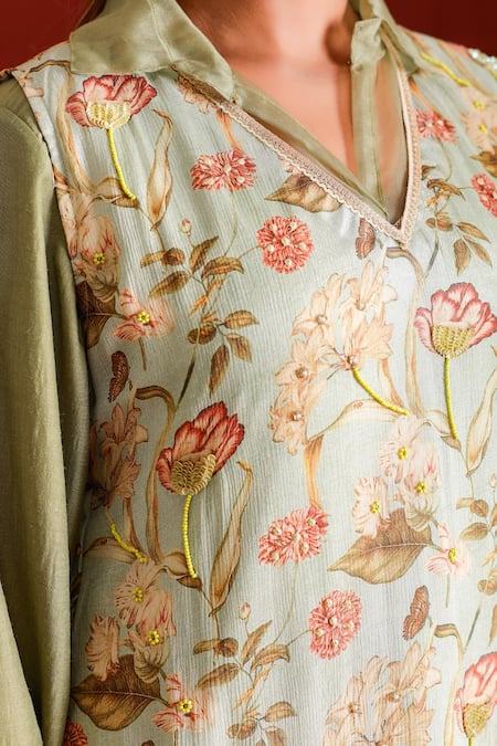 Shop The Home Affair Green Muslin, Cotton, Tissue Sequins, Detailed Kurta Set With Floral Jacket Shop_The Home Affair_Green Muslin, Cotton, Tissue Sequins, Detailed Kurta Set With Floral Jacket