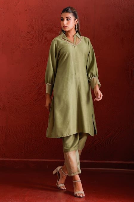 The Home Affair Green Muslin, Cotton, Tissue Sequins, Pearls, Cut Work Detailed Kurta Jacket Set Online at Aza Fashions The Home Affair_Green Muslin, Cotton, Tissue Sequins, Pearls, Cut Work Detailed Kurta Jacket Set _Online_at_Aza_Fashions