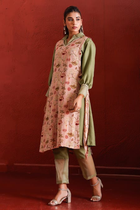 Buy The Home Affair Green Muslin, Cotton, Tissue Sequins, Pearls, Cut Work Detailed Kurta Jacket Set Buy_The Home Affair_Green Muslin, Cotton, Tissue Sequins, Pearls, Cut Work Detailed Kurta Jacket Set