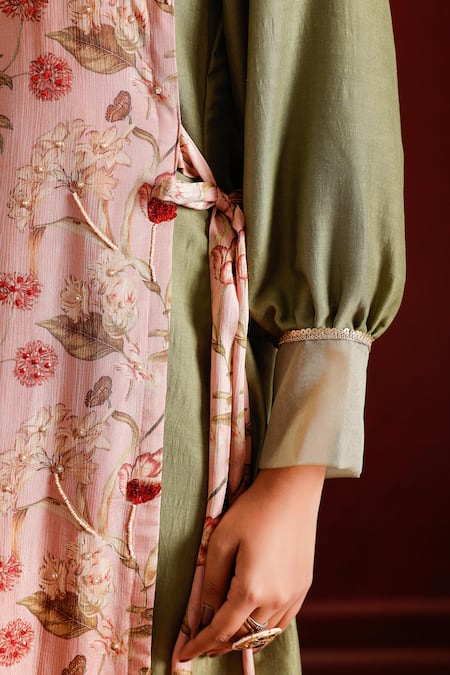 Shop The Home Affair Green Muslin, Cotton, Tissue Sequins, Pearls, Cut Work Detailed Kurta Jacket Set Shop_The Home Affair_Green Muslin, Cotton, Tissue Sequins, Pearls, Cut Work Detailed Kurta Jacket Set