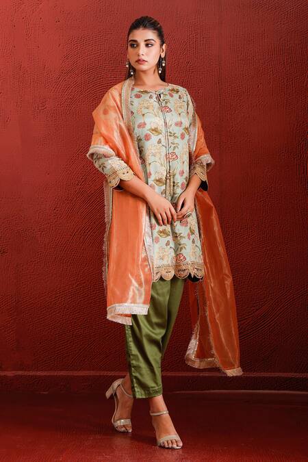 Buy The Home Affair Green Muslin, Cotton, Silk, Tissue Sequins, Zari, Floral Print Kurta Pant Set Online at Aza Fashions Buy_The Home Affair_Green Muslin, Cotton, Silk, Tissue Sequins, Zari, Floral Print Kurta Pant Set _Online_at_Aza_Fashions