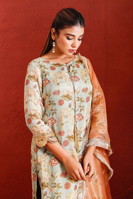 The Home Affair Green Muslin, Cotton, Silk, Tissue Sequins, Zari, Floral Print Kurta Pant Set at Aza Fashions The Home Affair_Green Muslin, Cotton, Silk, Tissue Sequins, Zari, Floral Print Kurta Pant Set _at_Aza_Fashions