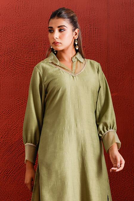 Buy_The Home Affair_Green Organza, Muslin Sequins Collared Placement Detailed Kurta With Pant _Online_at_Aza_Fashions
