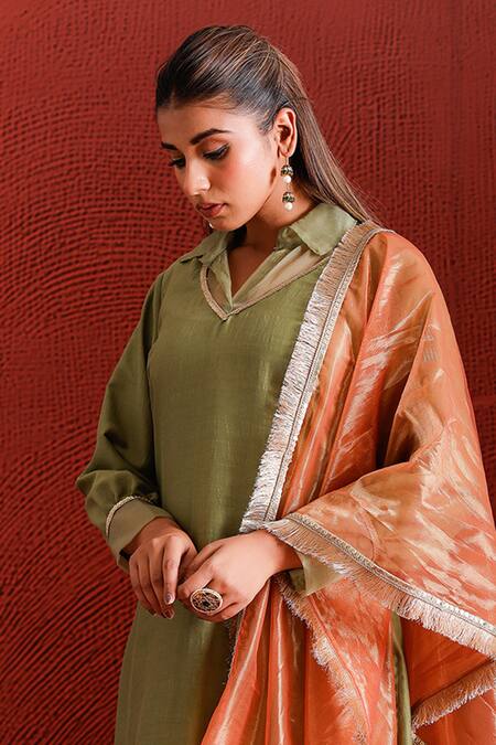 The Home Affair_Green Organza, Muslin Sequins, Fringe Placement Detailed Kurta Pant Set _Online_at_Aza_Fashions