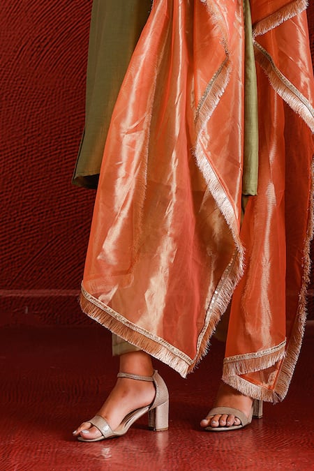 Buy_The Home Affair_Green Organza, Muslin Sequins, Fringe Placement Detailed Kurta Pant Set _Online_at_Aza_Fashions