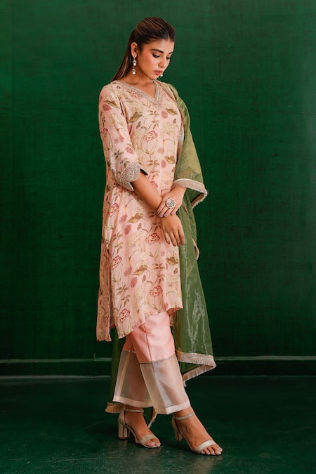 Buy The Home Affair Peach Muslin, Cotton, Silk, Tissue Embroidery, Sequins, Floral Print Kurta Set Online at Aza Fashions Buy_The Home Affair_Peach Muslin, Cotton, Silk, Tissue Embroidery, Sequins, Floral Print Kurta Set _Online_at_Aza_Fashions
