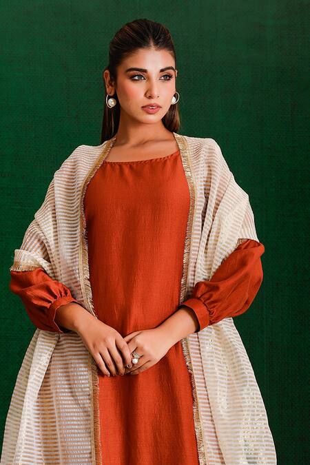 Buy_The Home Affair_Orange Muslin, Tissue, Crepe Embroidery Boat Neck Solid A-line Kurta Set _Online_at_Aza_Fashions