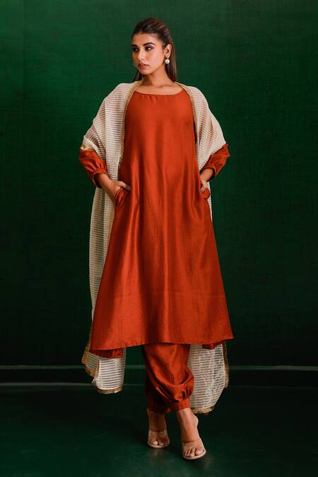 Shop_The Home Affair_Orange Muslin, Tissue, Crepe Embroidery Boat Neck Solid A-line Kurta Set _Online_at_Aza_Fashions