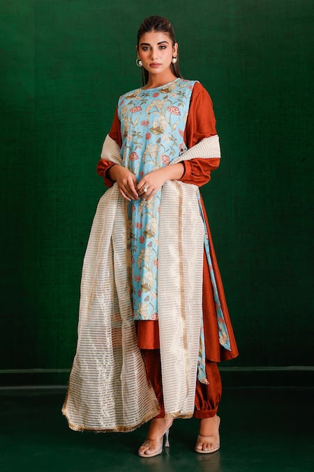 The Home Affair_Orange Muslin, Cotton, Tissue Beads, Sequins Solid A-line Kurta Set With Jacket _at_Aza_Fashions