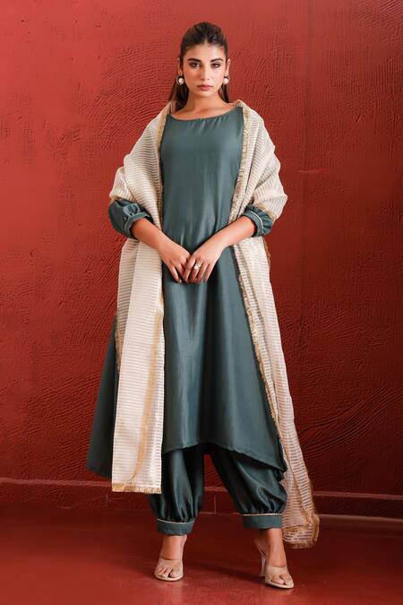 The Home Affair_Blue Muslin, Cotton, Tissue Fringe, Beads, A-line Kurta Set With Floral Jacket _Online_at_Aza_Fashions