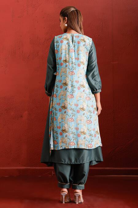 The Home Affair_Blue Muslin, Cotton, Tissue Fringe, Beads, A-line Kurta Set With Floral Jacket _at_Aza_Fashions