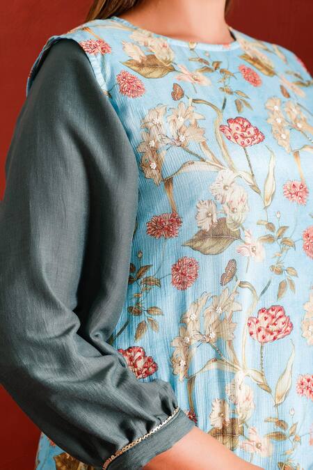 Buy_The Home Affair_Blue Muslin, Cotton, Tissue Fringe, Beads, A-line Kurta Set With Floral Jacket 