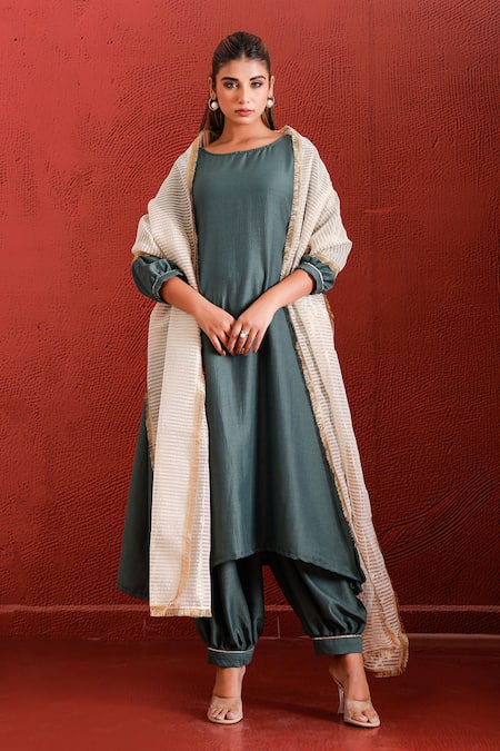 The Home Affair_Yellow Muslin, Cotton, Tissue Sequins, A-line Solid Kurta Set With Floral Jacket _Online_at_Aza_Fashions