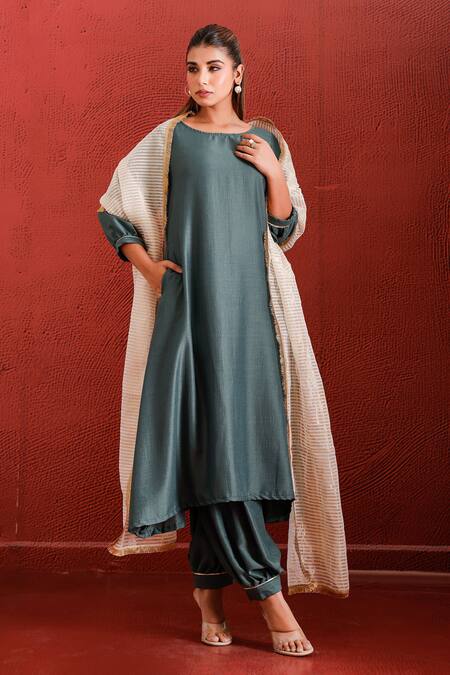 Shop_The Home Affair_Yellow Muslin, Cotton, Tissue Sequins, A-line Solid Kurta Set With Floral Jacket _Online_at_Aza_Fashions