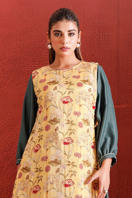 The Home Affair_Yellow Muslin, Cotton, Tissue Sequins, A-line Solid Kurta Set With Floral Jacket _at_Aza_Fashions