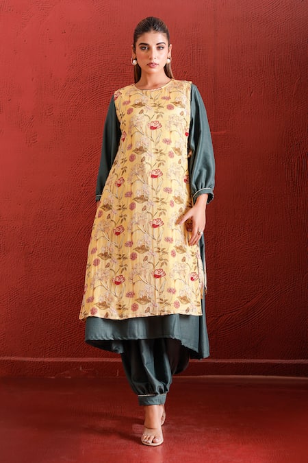 Buy_The Home Affair_Yellow Muslin, Cotton, Tissue Sequins, A-line Solid Kurta Set With Floral Jacket 