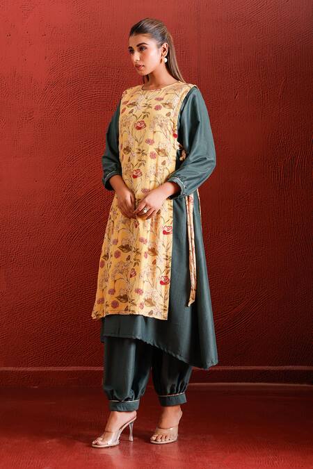 Shop_The Home Affair_Yellow Muslin, Cotton, Tissue Sequins, A-line Solid Kurta Set With Floral Jacket 