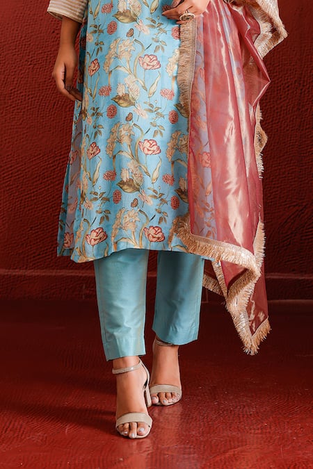 The Home Affair Blue Muslin, Cotton, Tissue, Silk Tassels, Floral Print Straight Kurta Set Online at Aza Fashions The Home Affair_Blue Muslin, Cotton, Tissue, Silk Tassels, Floral Print Straight Kurta Set _Online_at_Aza_Fashions