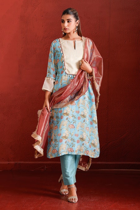 Shop The Home Affair Blue Muslin, Cotton, Tissue, Silk Tassels, Floral Print Straight Kurta Set Online at Aza Fashions Shop_The Home Affair_Blue Muslin, Cotton, Tissue, Silk Tassels, Floral Print Straight Kurta Set _Online_at_Aza_Fashions