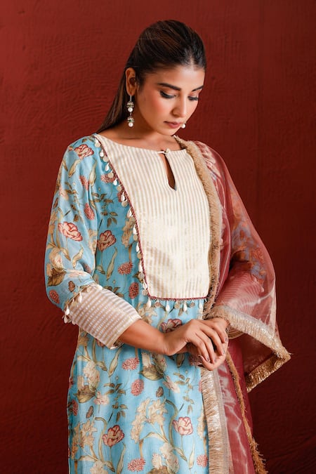 Buy The Home Affair Blue Muslin, Cotton, Tissue, Silk Tassels, Floral Print Straight Kurta Set Buy_The Home Affair_Blue Muslin, Cotton, Tissue, Silk Tassels, Floral Print Straight Kurta Set