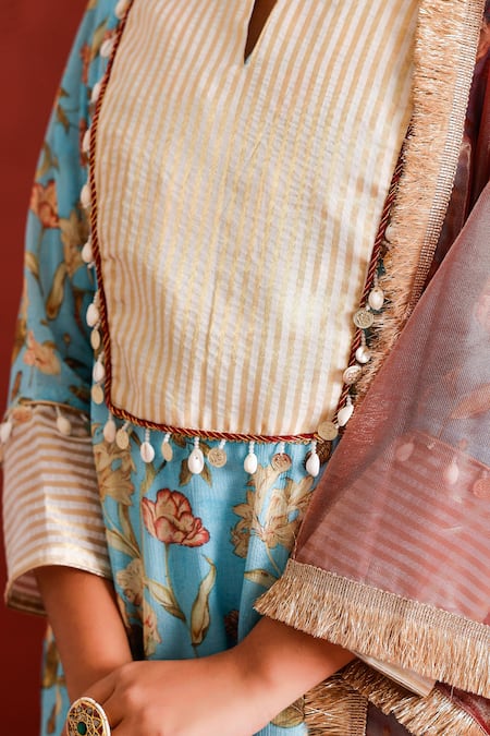 Shop The Home Affair Blue Muslin, Cotton, Tissue, Silk Tassels, Floral Print Straight Kurta Set Shop_The Home Affair_Blue Muslin, Cotton, Tissue, Silk Tassels, Floral Print Straight Kurta Set