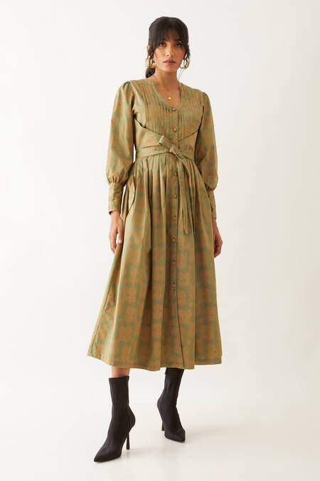 Son Of A Noble Snob_Green Cotton Satin Print Flora V-neck Zeba Pleated Dress _Online_at_Aza_Fashions