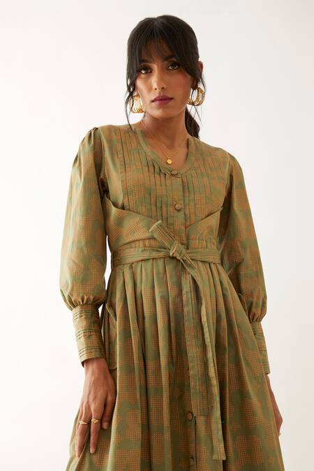 Shop_Son Of A Noble Snob_Green Cotton Satin Print Flora V-neck Zeba Pleated Dress _Online_at_Aza_Fashions