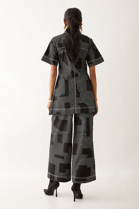 Shop Son Of A Noble Snob Black Cotton Satin Print Block Lapel Collar Wallie Boxy Fit Shirt With Pant at Aza Fashions Shop_Son Of A Noble Snob_Black Cotton Satin Print Block Lapel Collar Wallie Boxy Fit Shirt With Pant _at_Aza_Fashions