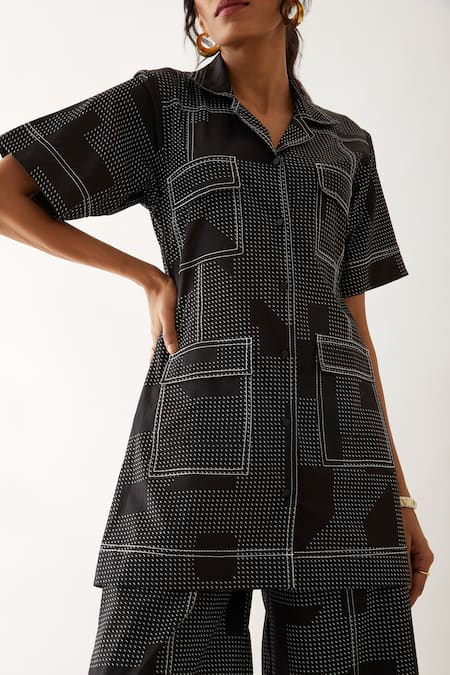 Son Of A Noble Snob Black Cotton Satin Print Block Lapel Collar Wallie Boxy Fit Shirt With Pant at Aza Fashions Son Of A Noble Snob_Black Cotton Satin Print Block Lapel Collar Wallie Boxy Fit Shirt With Pant _at_Aza_Fashions