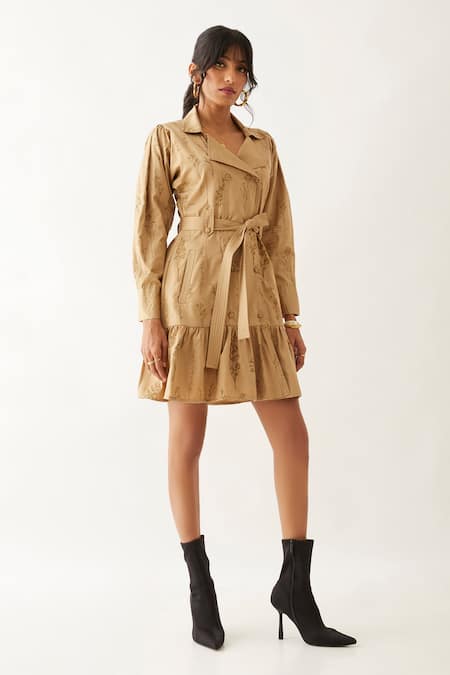 Son Of A Noble Snob Beige Cotton Satin Print Botanica Lapel Collar Valor Gathered Hem Dress Online at Aza Fashions Son Of A Noble Snob_Beige Cotton Satin Print Botanica Lapel Collar Valor Gathered Hem Dress _Online_at_Aza_Fashions