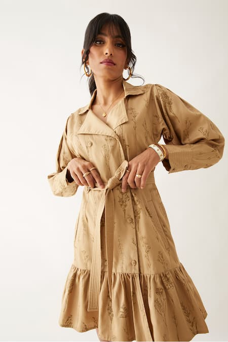 Buy Son Of A Noble Snob Beige Cotton Satin Print Botanica Lapel Collar Valor Gathered Hem Dress Online at Aza Fashions Buy_Son Of A Noble Snob_Beige Cotton Satin Print Botanica Lapel Collar Valor Gathered Hem Dress _Online_at_Aza_Fashions