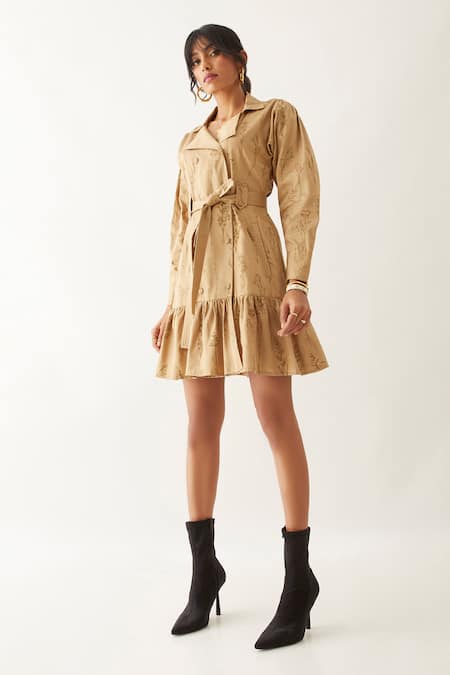 Shop Son Of A Noble Snob Beige Cotton Satin Print Botanica Lapel Collar Valor Gathered Hem Dress Online at Aza Fashions Shop_Son Of A Noble Snob_Beige Cotton Satin Print Botanica Lapel Collar Valor Gathered Hem Dress _Online_at_Aza_Fashions