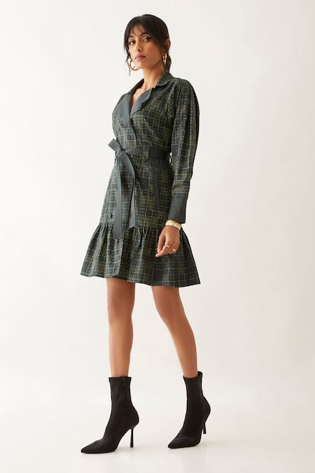 Son Of A Noble Snob_Grey Cotton Satin Print Domino Lapel Collar Valor Gathered Hem Dress _Online_at_Aza_Fashions