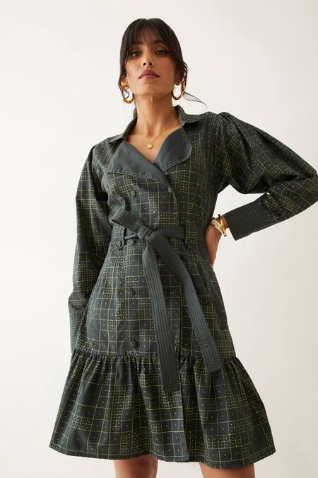 Buy_Son Of A Noble Snob_Grey Cotton Satin Print Domino Lapel Collar Valor Gathered Hem Dress _Online_at_Aza_Fashions