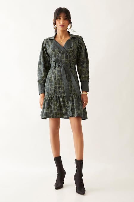 Shop_Son Of A Noble Snob_Grey Cotton Satin Print Domino Lapel Collar Valor Gathered Hem Dress _Online_at_Aza_Fashions