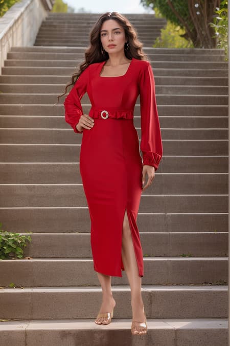 Samyukta Singhania Solid Puffed Sleeve Midi Dress 