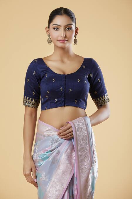 Naintara Bajaj Blue Silk Sequins, Zari Round Neck Embroidered And Blouse at Aza Fashions Naintara Bajaj_Blue Silk Sequins, Zari Round Neck Embroidered And Blouse _at_Aza_Fashions