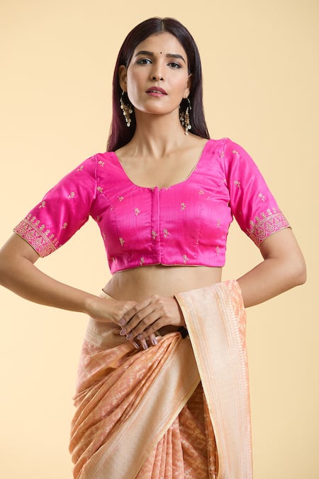 Buy_Naintara Bajaj_Pink Silk Embroidery Round Neck Floral Motif Blouse 
