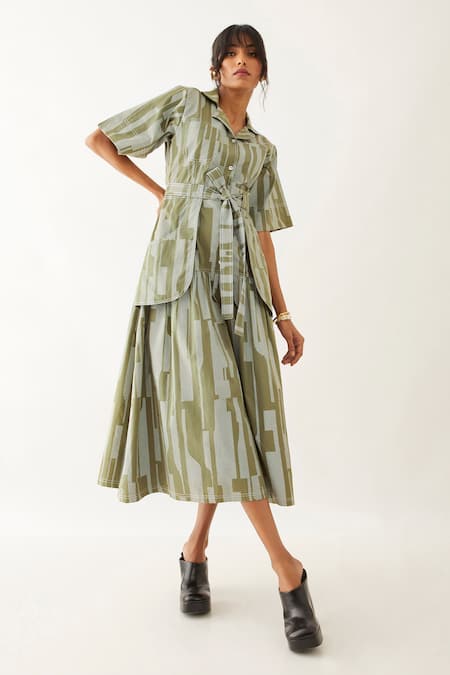 Son of A Noble Snob Green Cotton Satin Print Spaces Notch Collar Tahiti Gathered Dress 