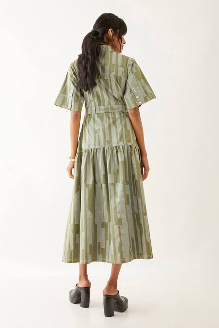 Shop Son Of A Noble Snob Green Cotton Satin Print Spaces Notch Collar Tahiti Gathered Dress at Aza Fashions Shop_Son Of A Noble Snob_Green Cotton Satin Print Spaces Notch Collar Tahiti Gathered Dress _at_Aza_Fashions