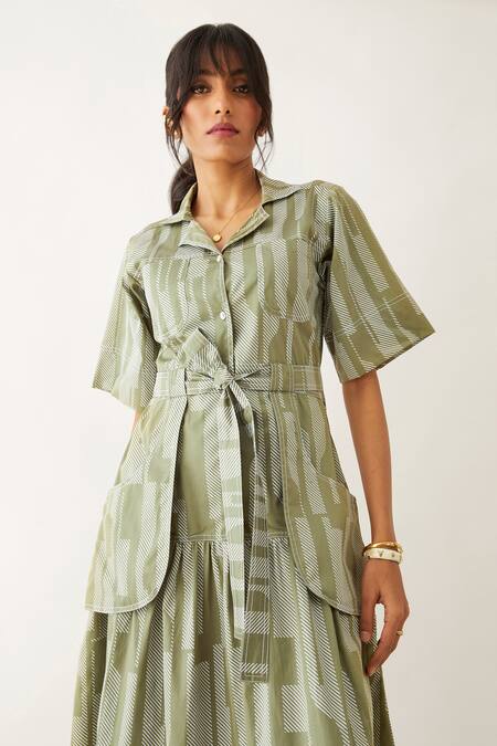 Shop Son Of A Noble Snob Green Cotton Satin Print Spaces Notch Collar Tahiti Gathered Dress Online at Aza Fashions Shop_Son Of A Noble Snob_Green Cotton Satin Print Spaces Notch Collar Tahiti Gathered Dress _Online_at_Aza_Fashions
