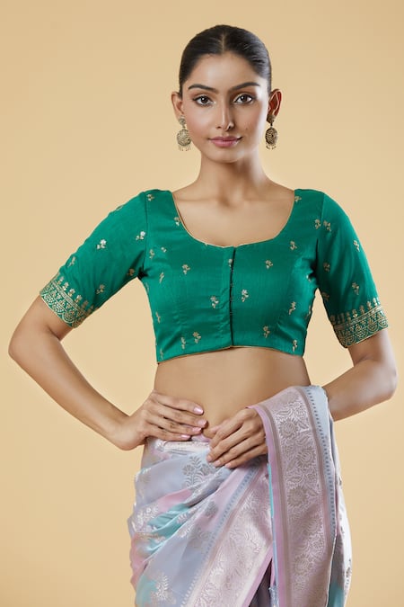 Naintara Bajaj Green Silk Sequins, Zari Round Neck Floral Motif Embroidered Blouse at Aza Fashions Naintara Bajaj_Green Silk Sequins, Zari Round Neck Floral Motif Embroidered Blouse _at_Aza_Fashions