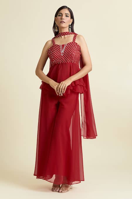 Shop_Samyukta Singhania_Red Georgette Mirrors, Embroidery Sweetheart Neck Yoke Tunic Set 