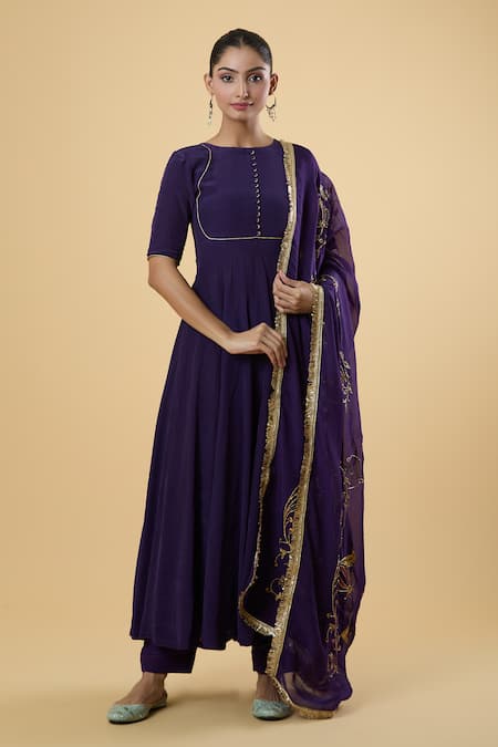 Shop_Naintara Bajaj_Purple Crepe Round Neck Ujjwala Anarkali Set With Hand Painted Dupatta 