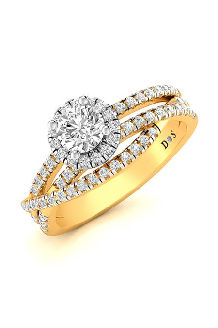 Divine Solitaires Yellow Diamonds 18kt Gold Halo Solitaire Wave Ring